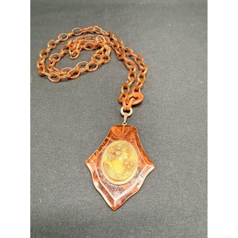 Unique Bakelite Tortoise Cameo Necklace 26" Link Chain Antique Celluloid